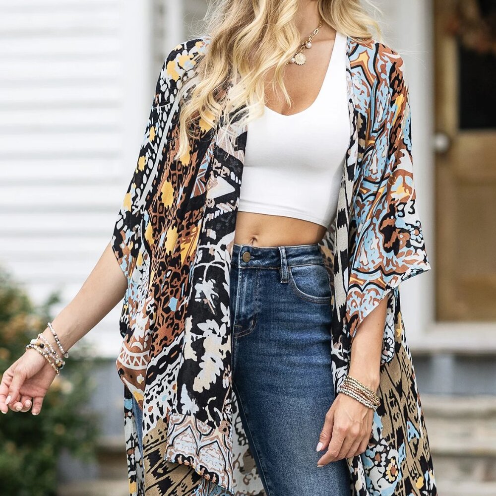 Tribal Print Kimono Lightweight Boho Duster Spring Summer Layering Piece - Picture 11 of 11